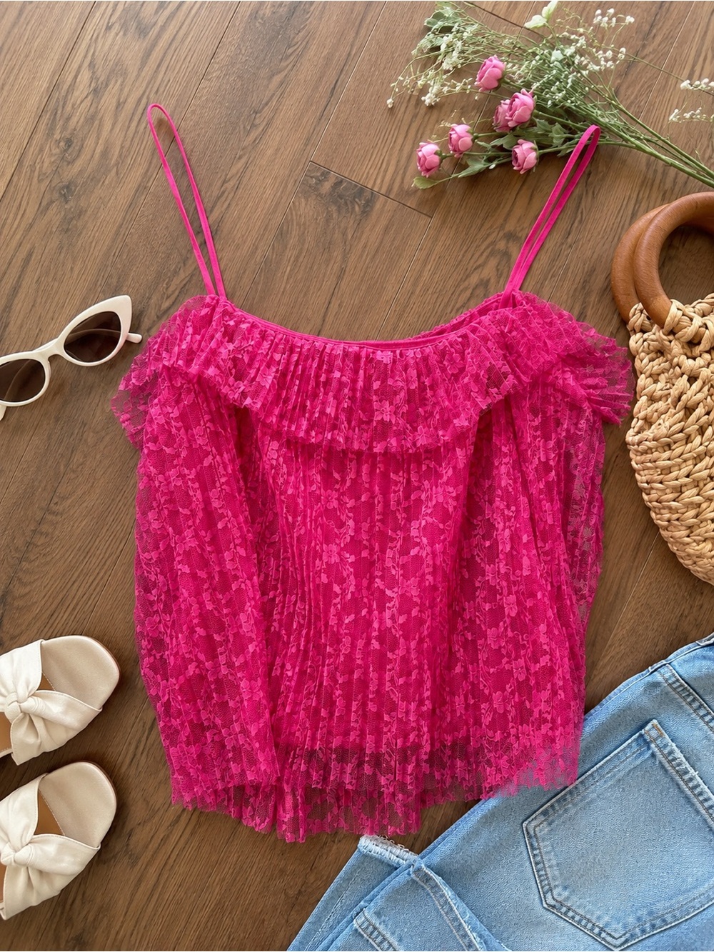 Mango Suit Hot Pink Lace Ruffle Cami Top Size Small